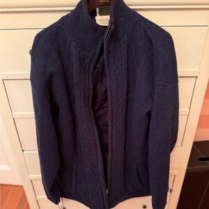 Aran Wool Navy Cable Knit Zip-Up Cardigan